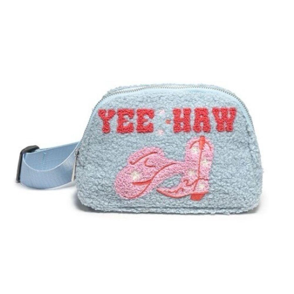 NWT Light Blue 'YEE-HAW' Crossbody Bag with Pink Boot Appliqué